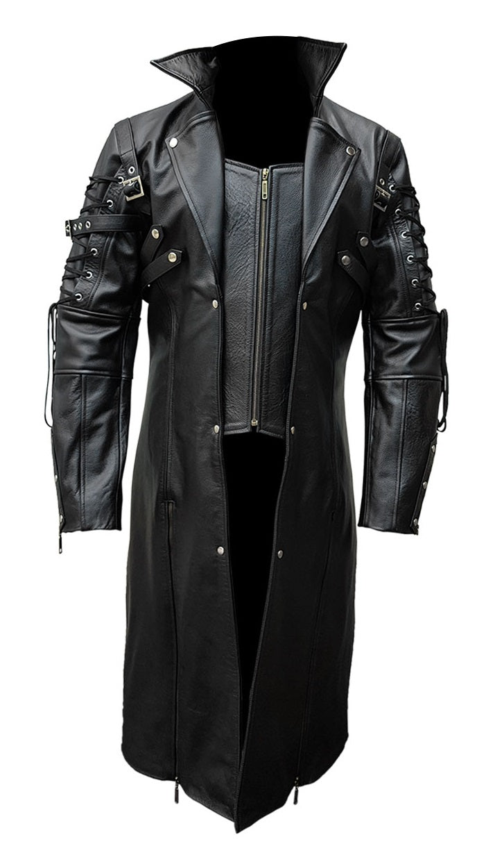 Mens Real Black Leather Trench Coat Steampunk Gothic Leather Coat Long Ornate Impact