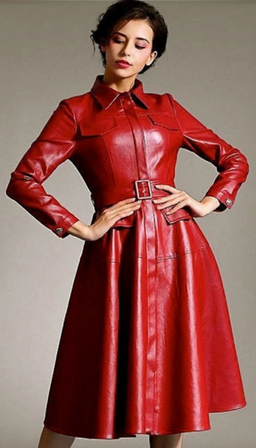 Womens Red Leather Jacket Trench Steampunk Leather Coat Gothic Ladies Leather Jacket