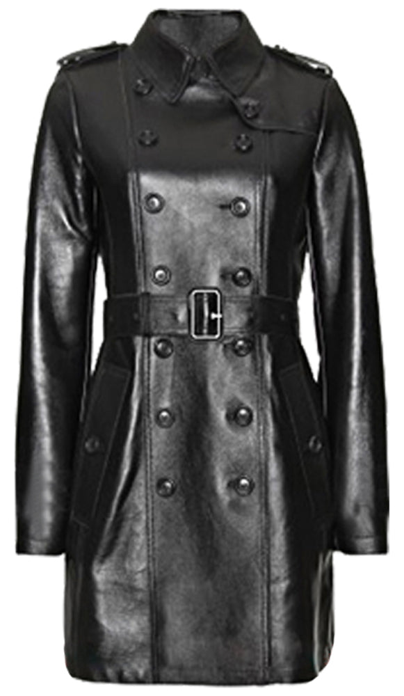 Womens Black Leather Double Breasted Coat Trench Steampunk Gothic Biker Coat Leather Jacket Women