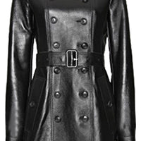 Womens Black Leather Double Breasted Coat Trench Steampunk Gothic Biker Coat Leather Jacket Women