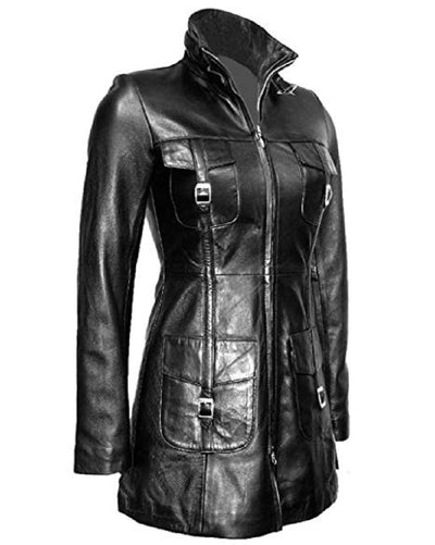 Women Leather Coat Black Steampunk Gothic Trench Coat Winter Leather Jacket Women