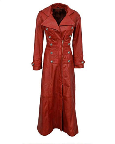 Red Ladies Leather Jacket Trench Coat Steampunk Long Gothic Coat Winter Leather Jacket Women