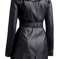 Womens Black Leather Double Breasted Coat Trench Steampunk Gothic Biker Coat Leather Jacket Women