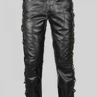 Mens Black Leather Pants Biker Motorcycle Pants Motorbike Trousers Laced Jeans - Ornate Impact