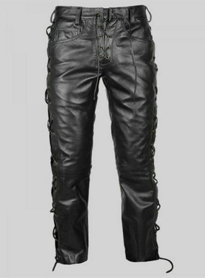 Mens Black Leather Pants Biker Motorcycle Pants Motorbike Trousers Laced Jeans - Ornate Impact