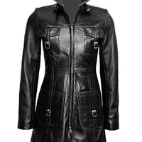 Women Leather Coat Black Steampunk Gothic Trench Coat Winter Leather Jacket Women