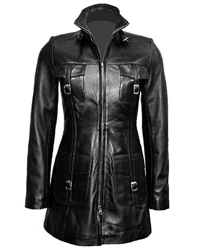 Women Leather Coat Black Steampunk Gothic Trench Coat Winter Leather Jacket Women