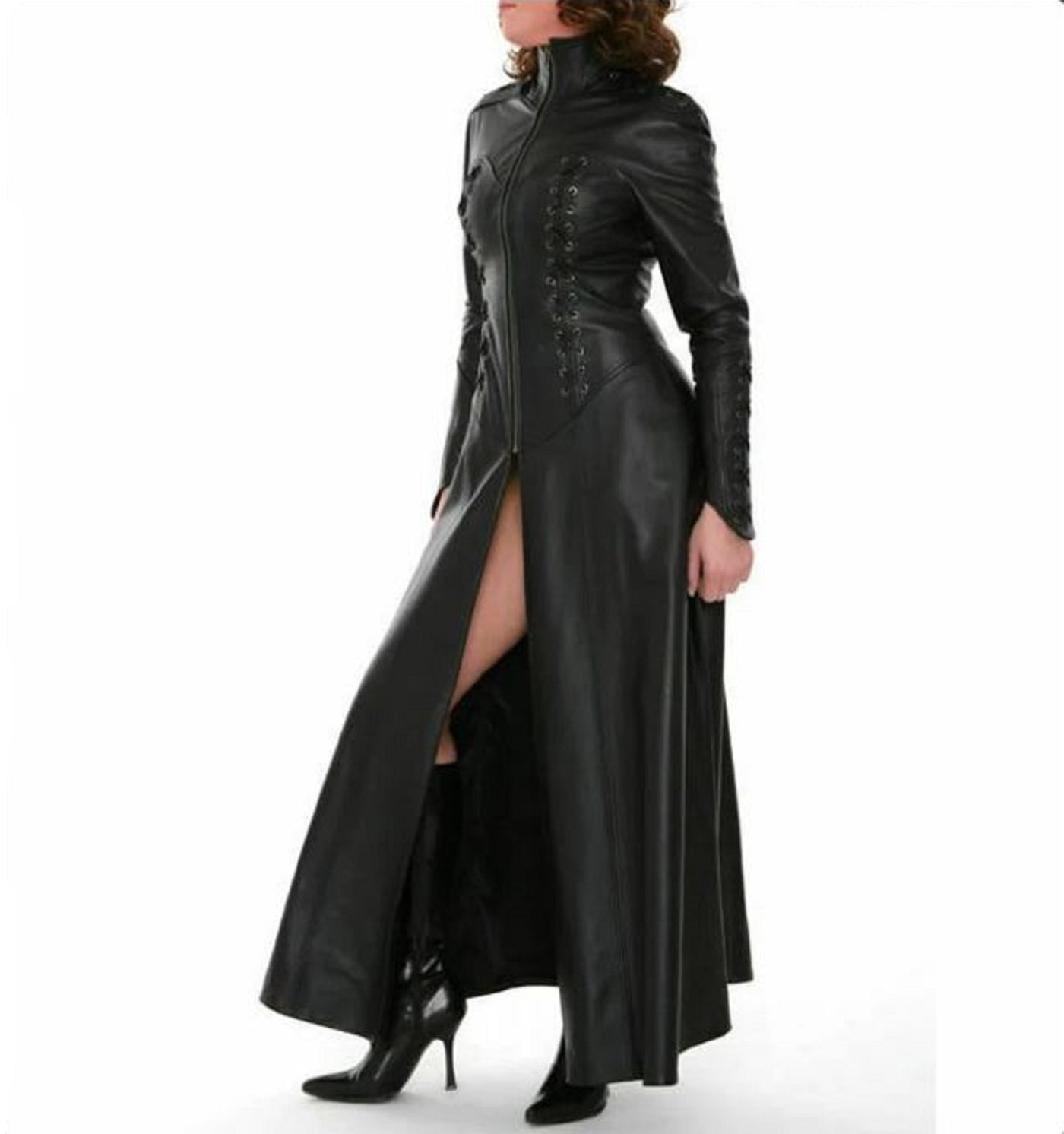 Black Leather Jacket Women Trench Coat Steampunk Long Gothic Leather Coat Black