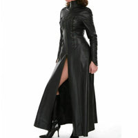 Black Leather Jacket Women Trench Coat Steampunk Long Gothic Leather Coat Black