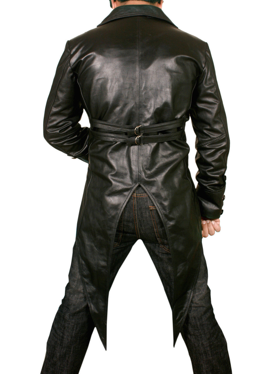 Mens Real Black Cow Leather TailCoat Steampunk Trench Tailcoat Leather Coat