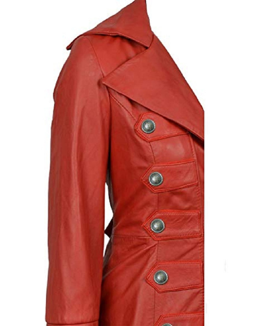 Red Ladies Leather Jacket Trench Coat Steampunk Long Gothic Coat Winter Leather Jacket Women