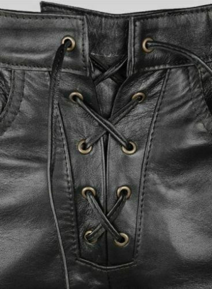 Mens Black Leather Pants Biker Motorcycle Pants Motorbike Trousers Laced Jeans - Ornate Impact