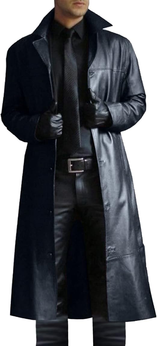 Mens Real Leather Coat Black Steampunk Trench Coat Long Male Leather Jacket