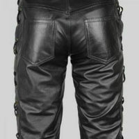 Mens Black Leather Pants Biker Motorcycle Pants Motorbike Trousers Laced Jeans - Ornate Impact