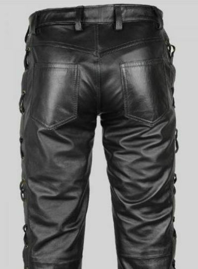 Mens Black Leather Pants Biker Motorcycle Pants Motorbike Trousers Laced Jeans - Ornate Impact