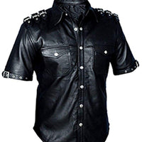 Mens Genuine Black Leather Shirt Half Sleeves Police Style Uniform Shirt BLUF