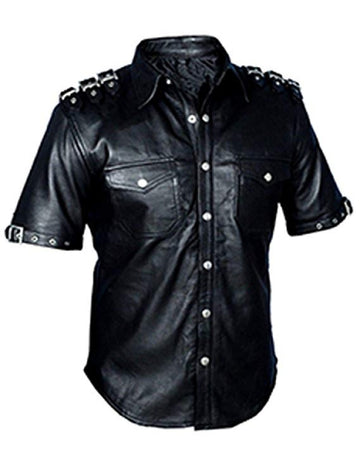 Mens Genuine Black Leather Shirt Half Sleeves Police Style Uniform Shirt BLUF