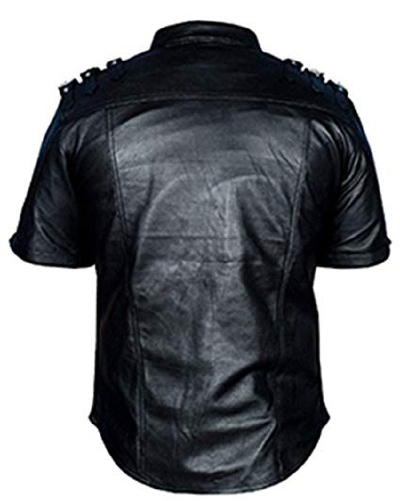 Mens Genuine Black Leather Shirt Half Sleeves Police Style Uniform Shirt BLUF