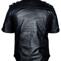 Mens Genuine Black Leather Shirt Half Sleeves Police Style Uniform Shirt BLUF