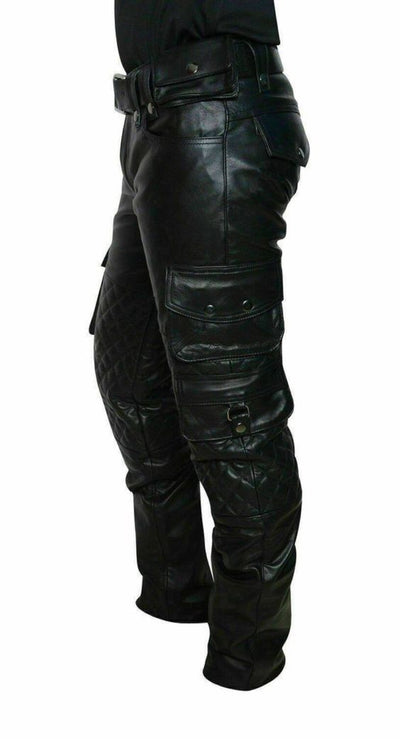 Mens Black Leather Pant Cargo Pockets Quilted Biker Motorcycle Pants Trousers - Ornate Impact