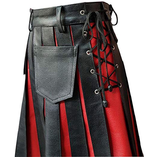 Mens Black & Red Leather Traditional Kilt Utility Tartan Scottish Kilt Halloween Costume LARP - Ornate Impact