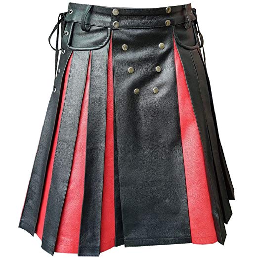 Mens Black & Red Leather Traditional Kilt Utility Tartan Scottish Kilt Halloween Costume LARP - Ornate Impact