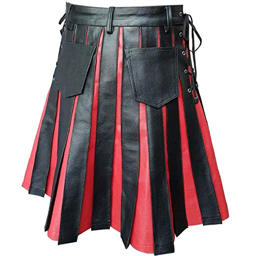 Mens Black & Red Leather Traditional Kilt Utility Tartan Scottish Kilt Halloween Costume LARP - Ornate Impact