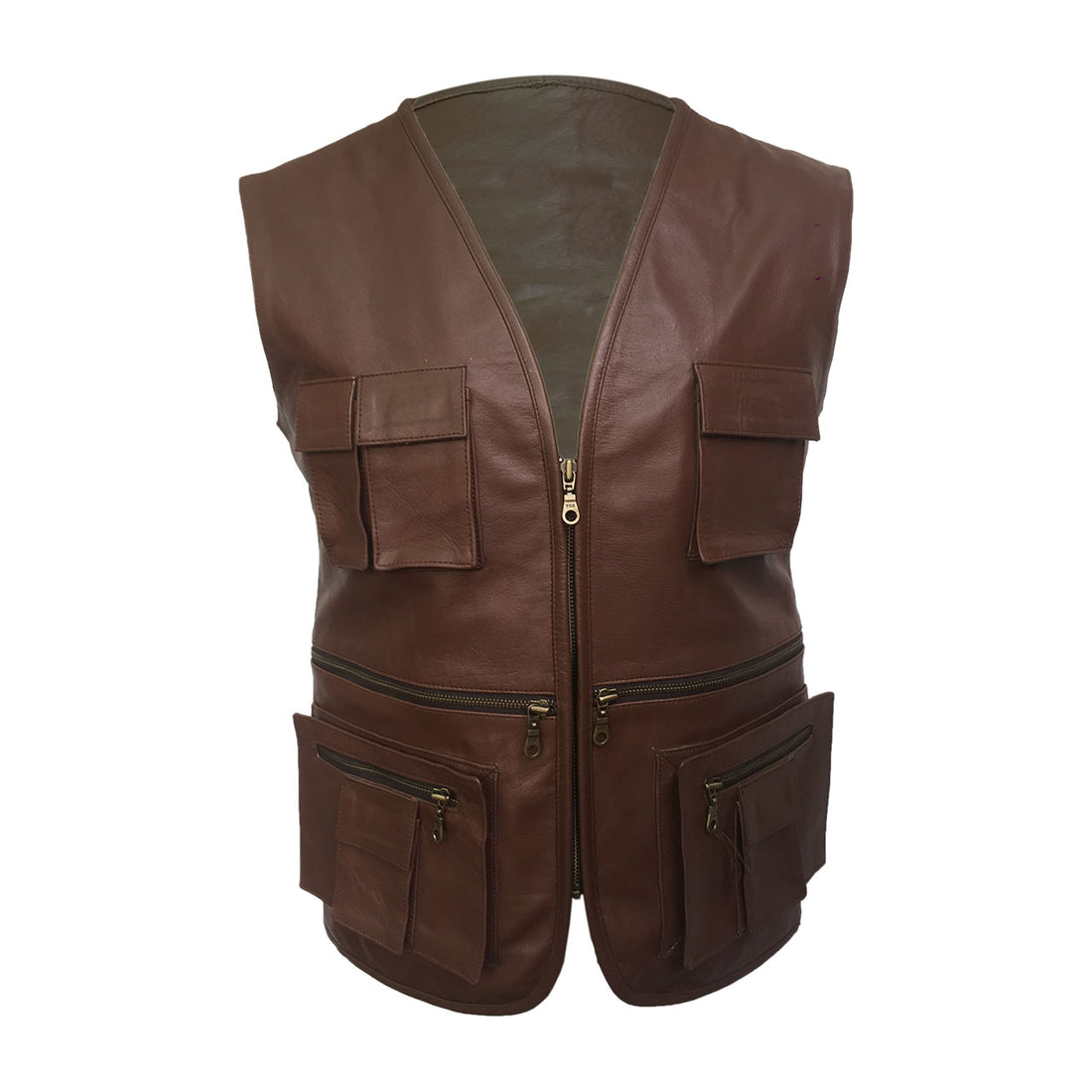 Mens Brown Leather Vest Cargo Pocket Vest Motorcycle Trench Gothic Terminator Vest Waistcoat - Ornate Impact