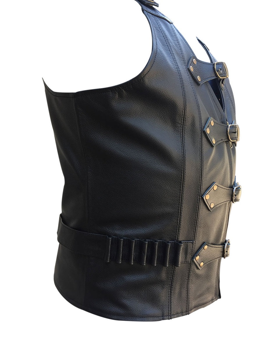 Mens Black Leather Vest Biker Motorbike Vest / Waistcoat Motorcycle Vest - Ornate Impact