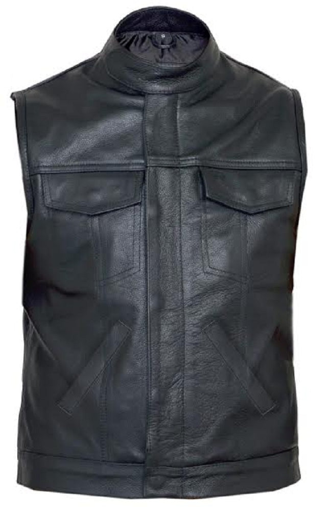 Mens Pure Black Leather Vest Biker Motorbike Vest Waistcoat Motorcycle Vest