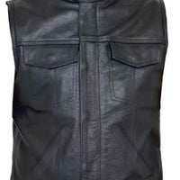 Mens Pure Black Leather Vest Biker Motorbike Vest Waistcoat Motorcycle Vest