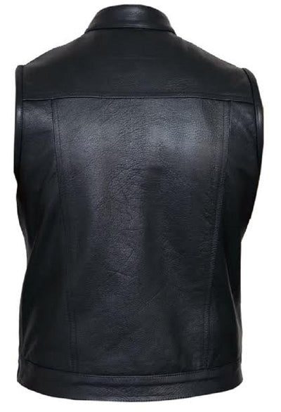 Mens Pure Black Leather Vest Biker Motorbike Vest Waistcoat Motorcycle Vest