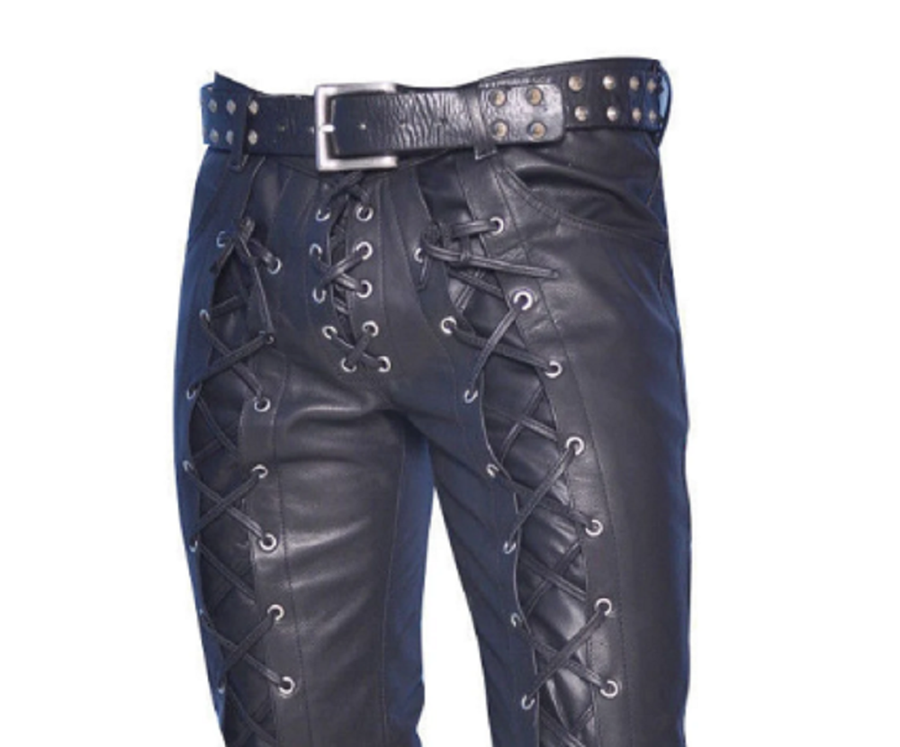 Mens Black Leather Pants Biker Motorcycle Pants Motorbike Trousers Laced Jeans - Ornate Impact