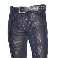 Mens Black Leather Pants Biker Motorcycle Pants Motorbike Trousers Laced Jeans - Ornate Impact