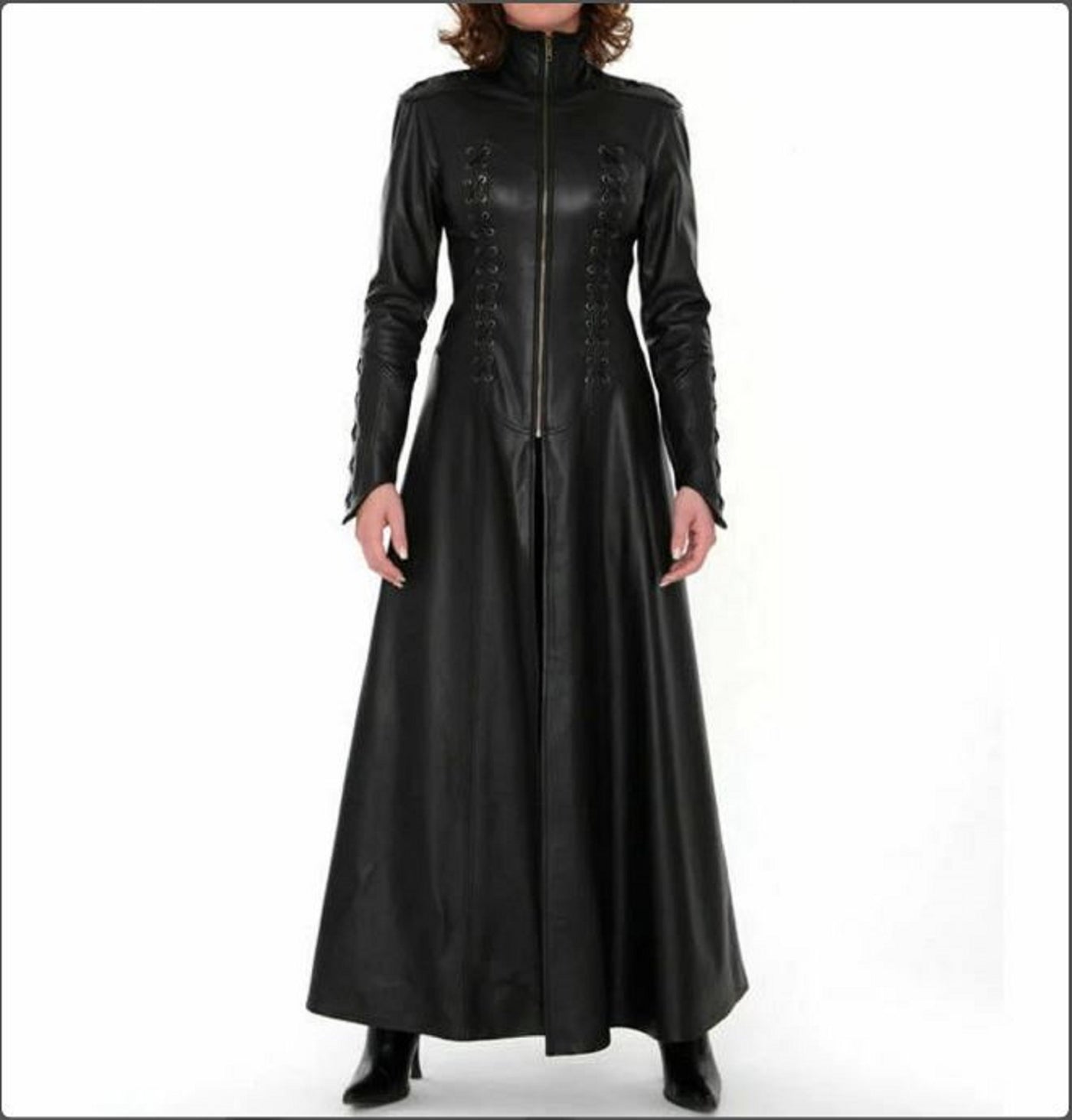 Black Leather Jacket Women Trench Coat Steampunk Long Gothic Leather Coat Black