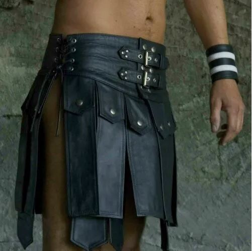 Mens Black Leather Kilt Roman Gladiator Kilt Tartan Kilt Mens Douglas Tartan Kilt LARP