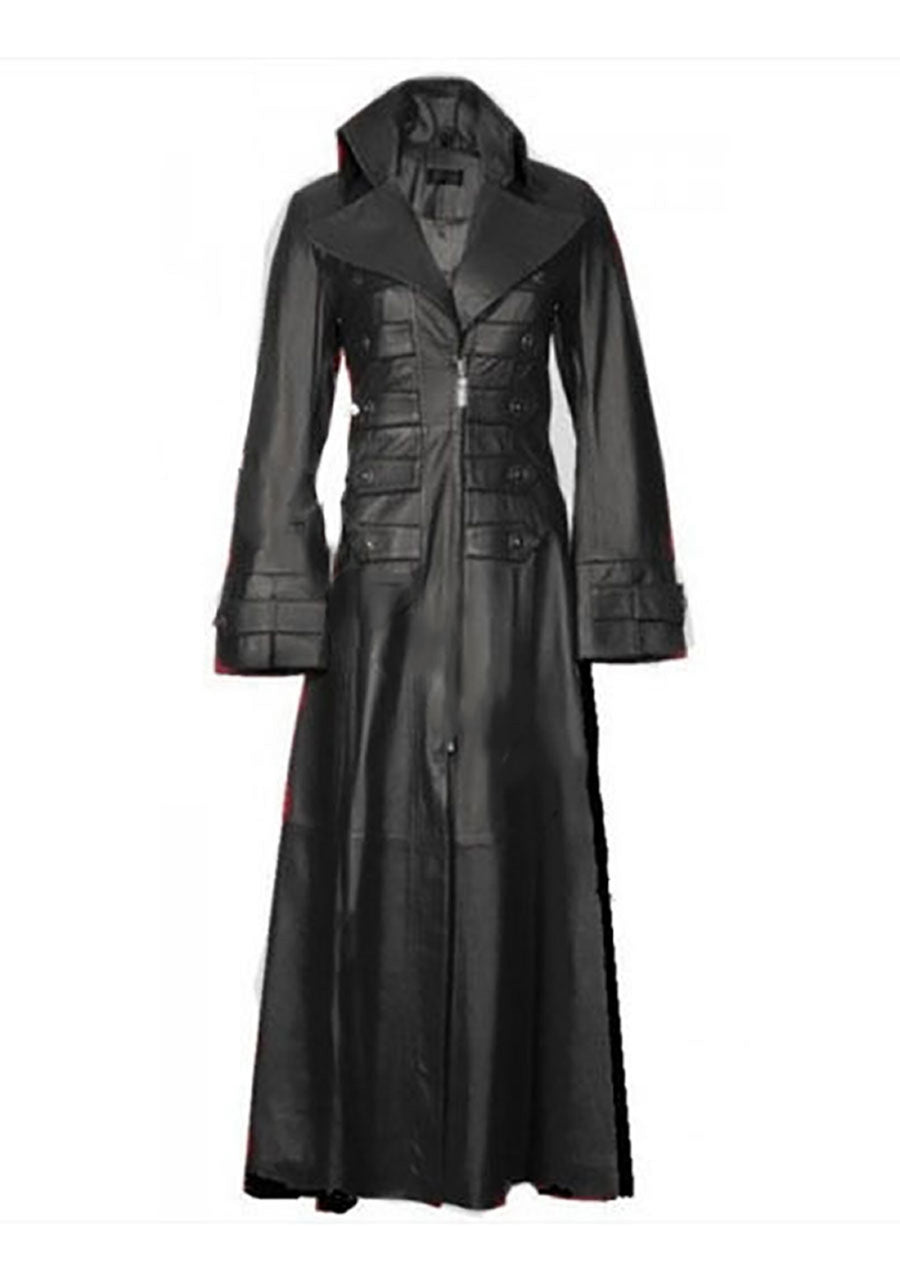 Womens Leather Coat Black Trench Steampunk Long Gothic Coat Winter Leather Jacket Women