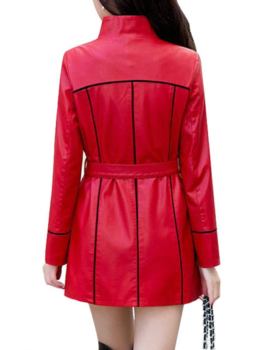 Red Leather Jacket Women Trench Coat Jacket Winter Ladies Leather Jacket Blazer