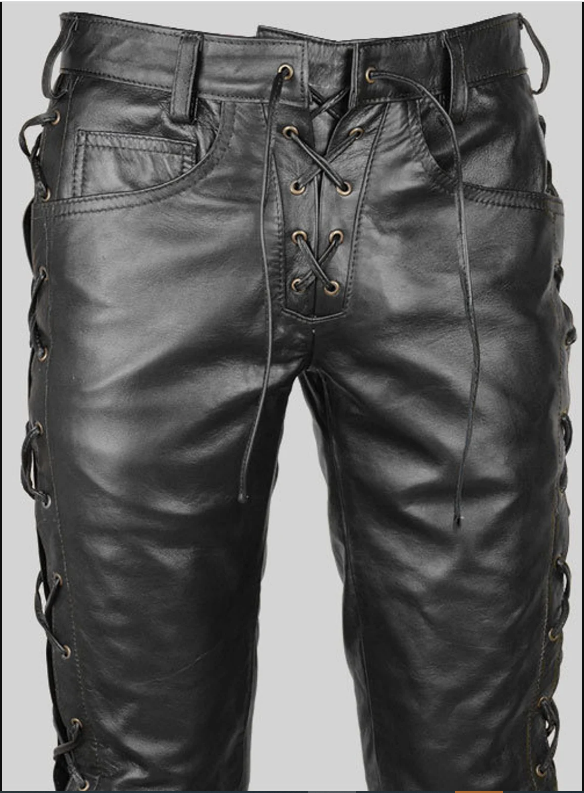 Mens Black Leather Pants Biker Motorcycle Pants Motorbike Trousers Laced Jeans - Ornate Impact