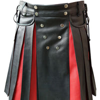 Mens Black & Red Leather Traditional Kilt Utility Tartan Scottish Kilt Halloween Costume LARP - Ornate Impact