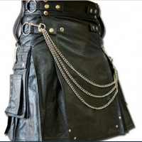 Mens Black Leather Traditional Kilt Utility Tartan Kilt Halloween Costume Scottish Kilt LARP - Ornate Impact