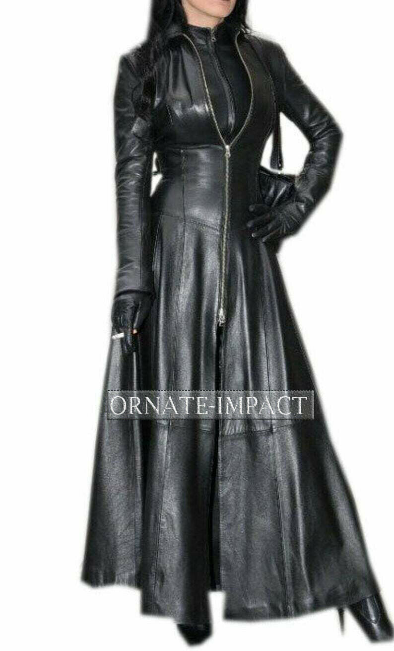 Black Leather Jacket Women Trench Coat Steampunk Long Gothic Biker Leather Coat Black