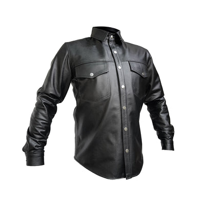 Mens Pure Black Leather Shirt Full Sleeves Police Style Uniform Shirt BLUF