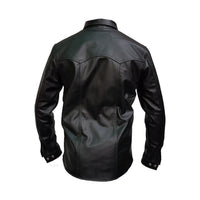 Mens Pure Black Leather Shirt Full Sleeves Police Style Uniform Shirt BLUF