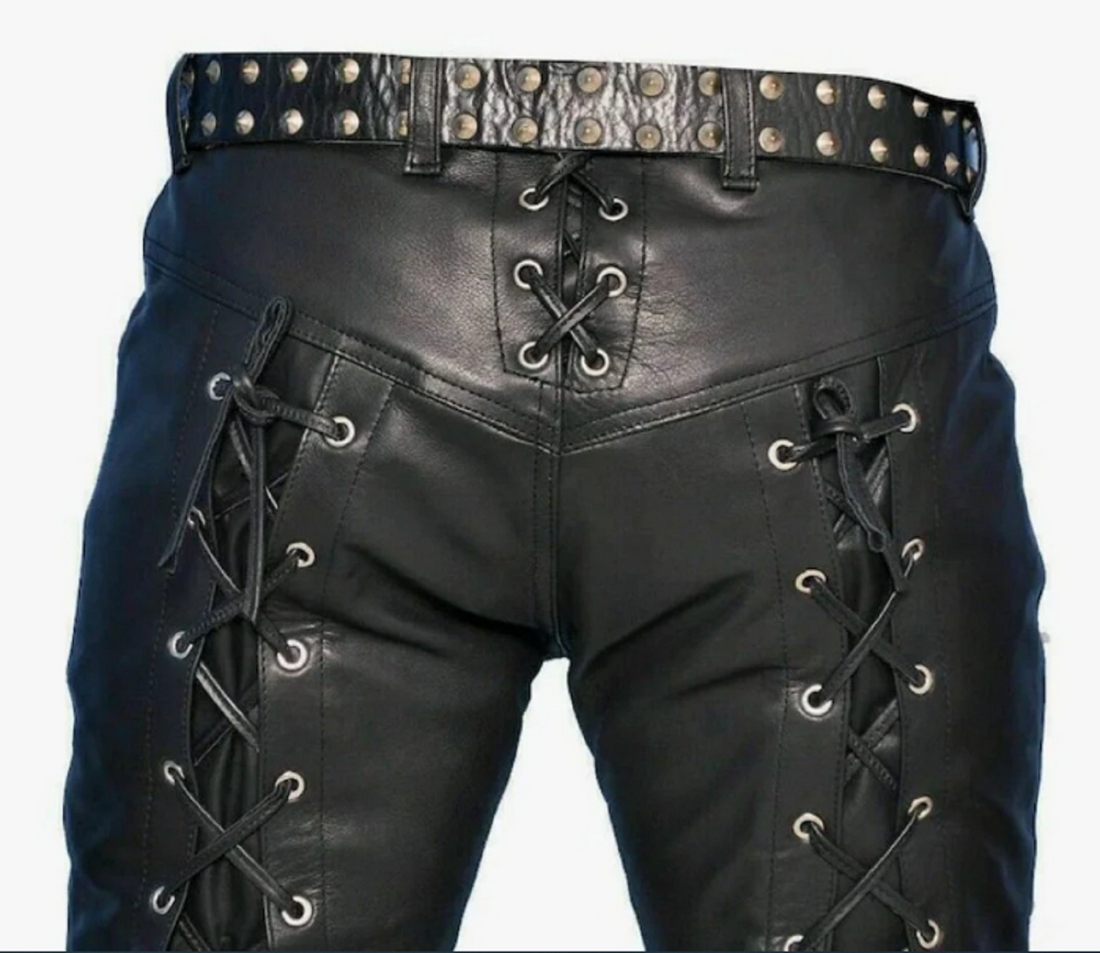 Mens Black Leather Pants Biker Motorcycle Pants Motorbike Trousers Laced Jeans - Ornate Impact