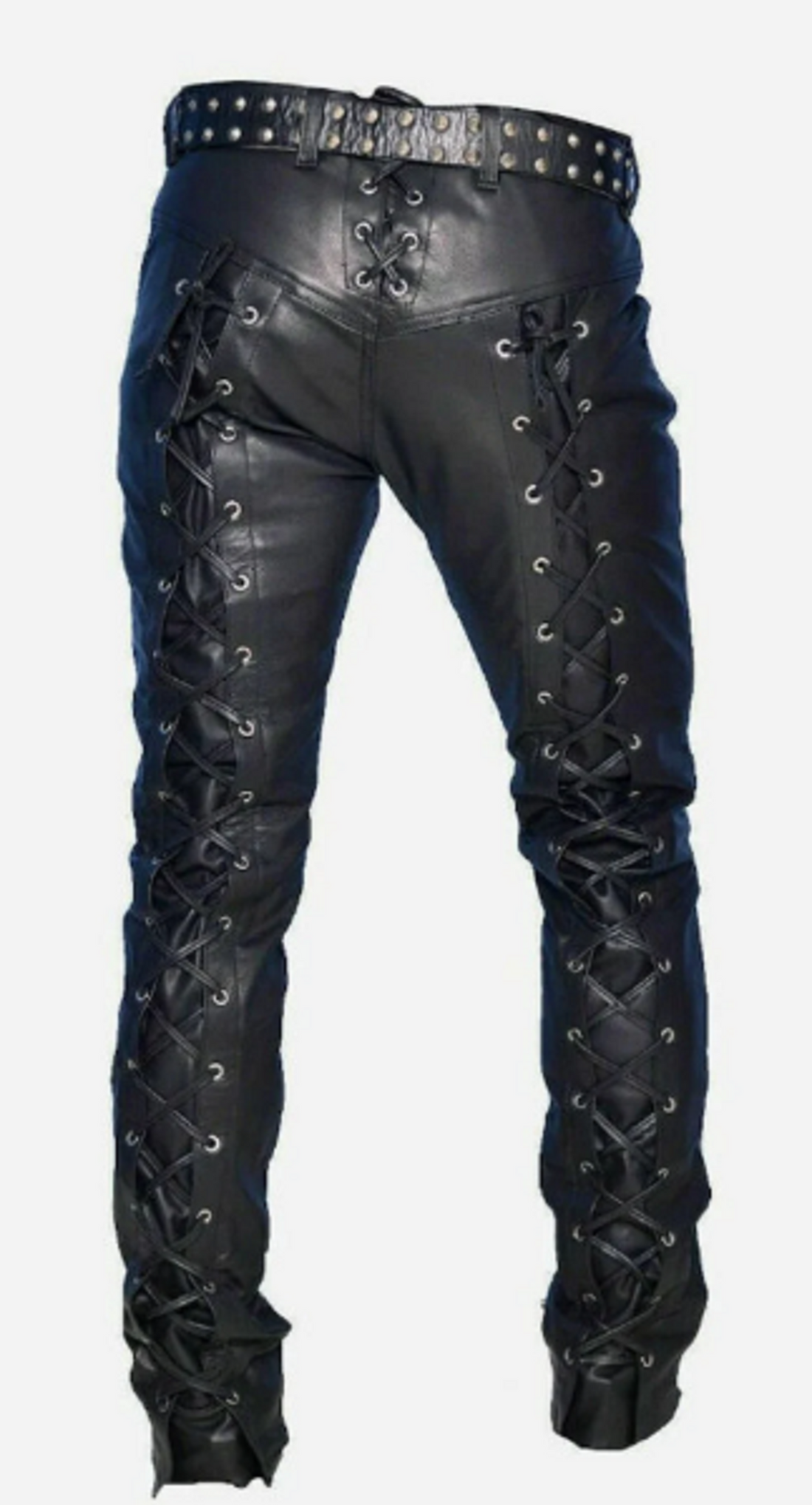 Mens Black Leather Pants Biker Motorcycle Pants Motorbike Trousers Laced Jeans - Ornate Impact