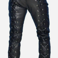 Mens Black Leather Pants Biker Motorcycle Pants Motorbike Trousers Laced Jeans - Ornate Impact