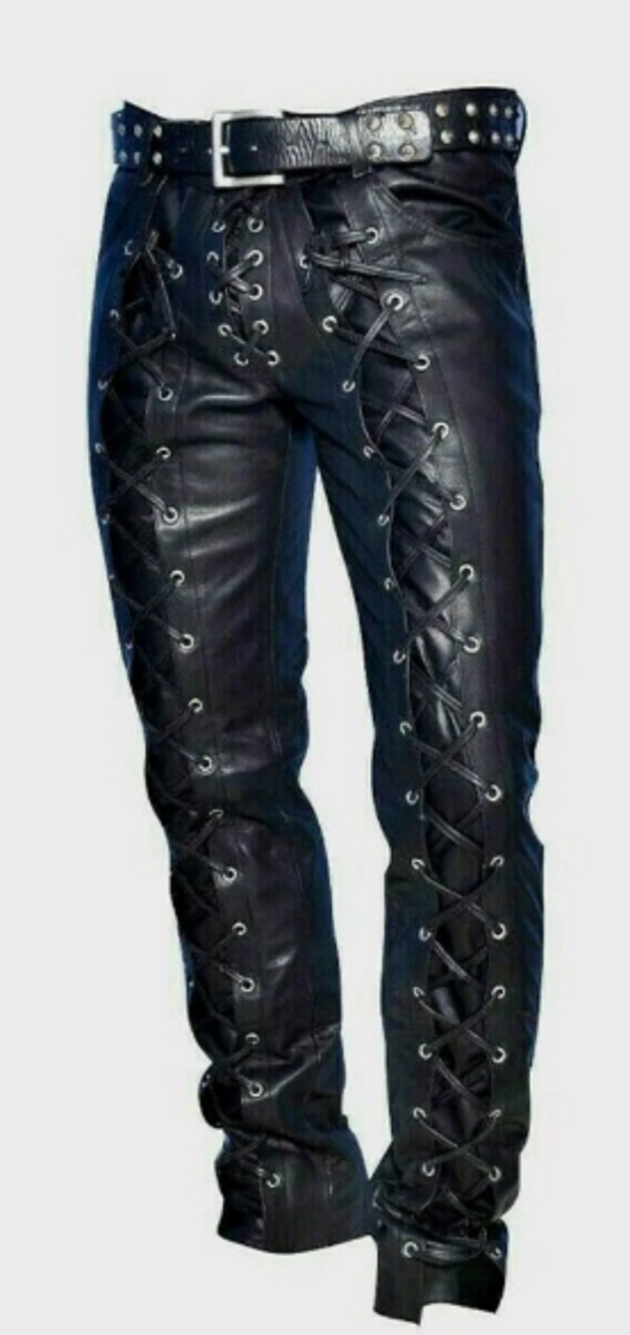 Mens Black Leather Pants Biker Motorcycle Pants Motorbike Trousers Laced Jeans - Ornate Impact