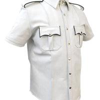 White Mens Leather Shirt Half Sleeves Police Style Uniform Shirt BLUF