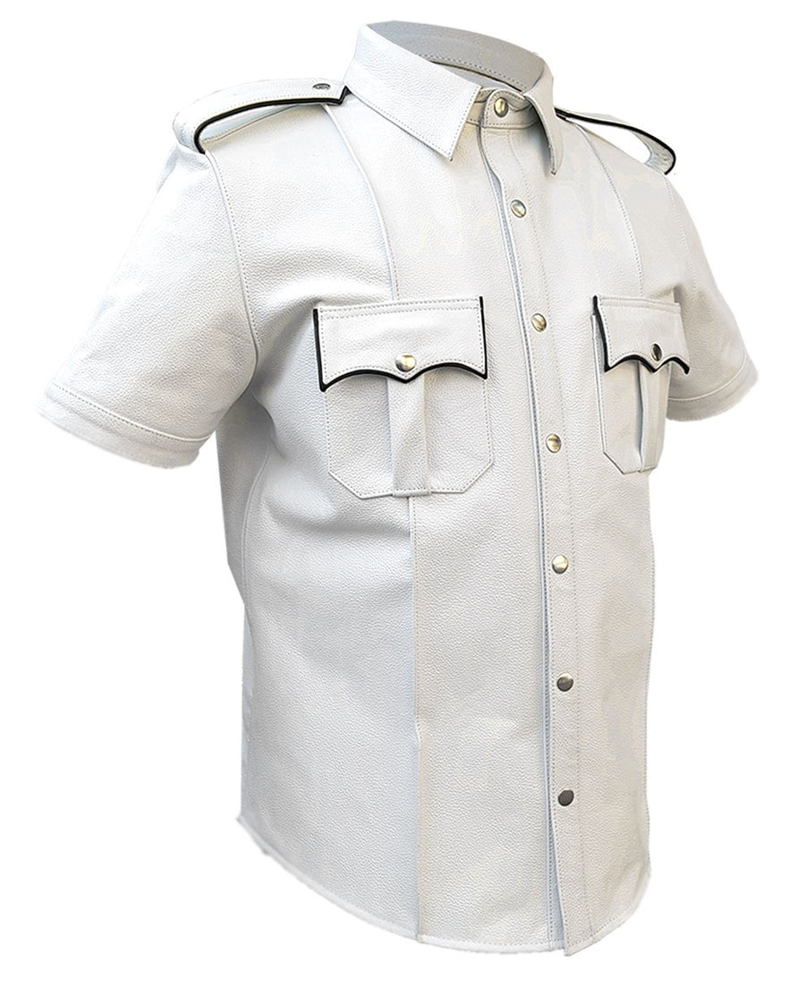 White Mens Leather Shirt Half Sleeves Police Style Uniform Shirt BLUF